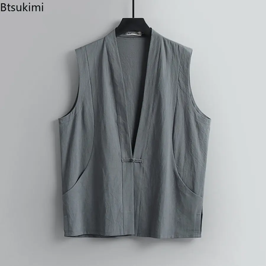Summer Chinese Style Cotton Linen Vests Men's Solid Vintage Tang Suit Sleeveless Tank Tops Loose Casual Vests Male Plus Size 9XL