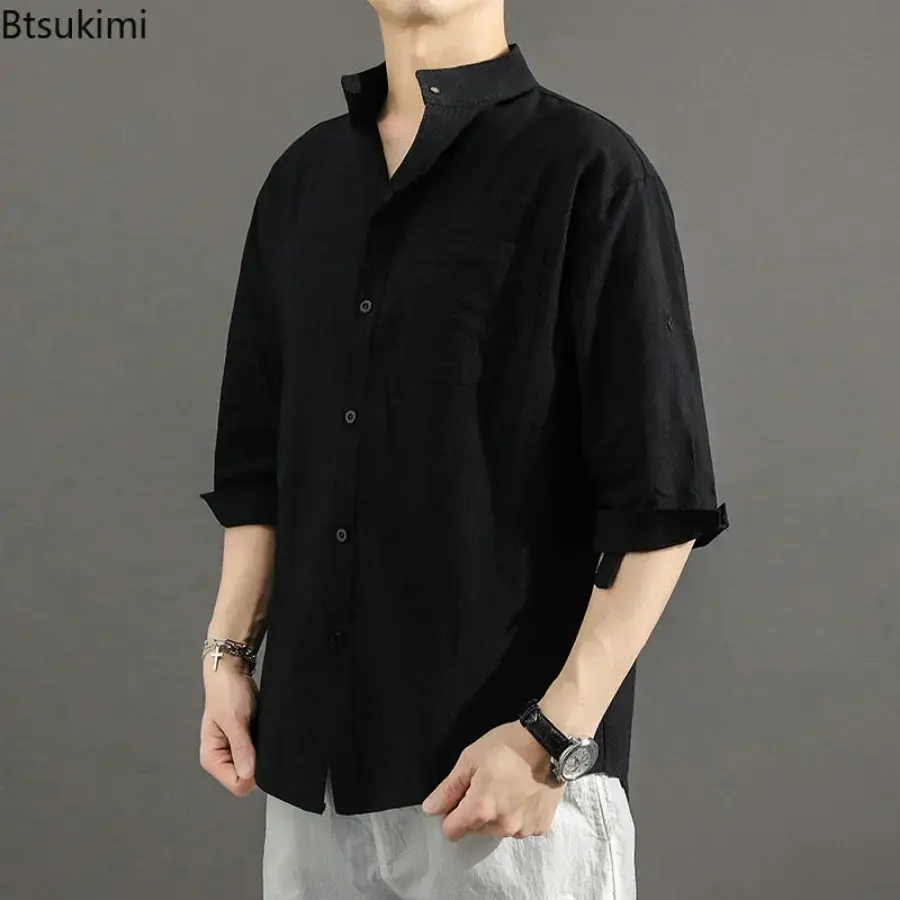 Summer Cotton Linen Shirts for Men 2025 Fashion Loose Casual Stand Collar Blouses Three-quarter Sleeve Breathable Tops Male 5XL