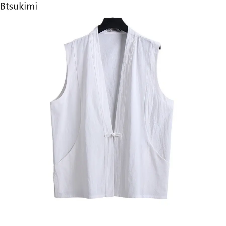Summer Chinese Style Cotton Linen Vests Men's Solid Vintage Tang Suit Sleeveless Tank Tops Loose Casual Vests Male Plus Size 9XL