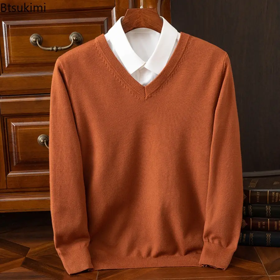 Autumn Winter Knitted Pullover V-neck Men's Pullover Base Sweater Casual Business Sweater Loose Solid Color Long Sleeved Sweater