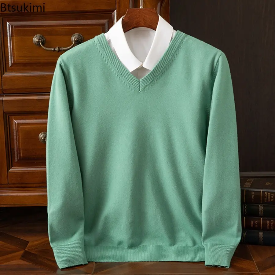 Autumn Winter Knitted Pullover V-neck Men's Pullover Base Sweater Casual Business Sweater Loose Solid Color Long Sleeved Sweater