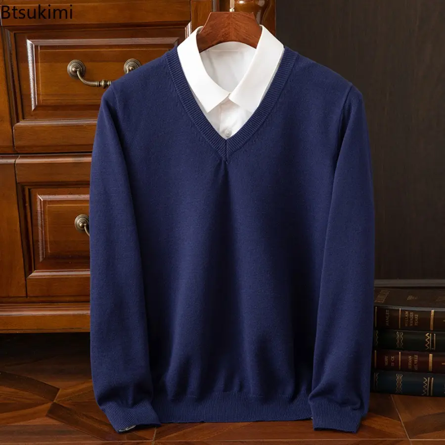 Autumn Winter Knitted Pullover V-neck Men's Pullover Base Sweater Casual Business Sweater Loose Solid Color Long Sleeved Sweater