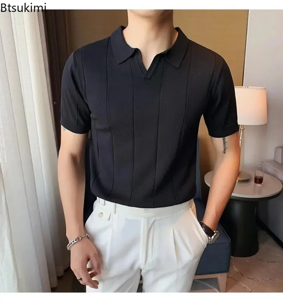 New Men's British Style Knitted Lapel T-shirt Fashion Solid High Quality Business Casual Versatile Tops Men Handsome Polo Shirts