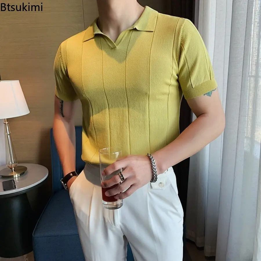 New Men's British Style Knitted Lapel T-shirt Fashion Solid High Quality Business Casual Versatile Tops Men Handsome Polo Shirts