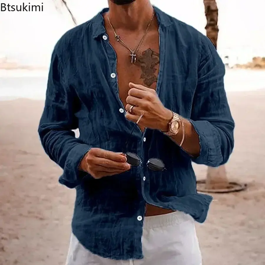 2025 Men's Beach Holiday Style Long Sleeve Casual Shirt Fashion Solid Loose Cotton Linen Breathable Lapel Tops Man Daily Blouses