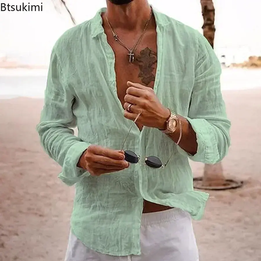 2025 Men's Beach Holiday Style Long Sleeve Casual Shirt Fashion Solid Loose Cotton Linen Breathable Lapel Tops Man Daily Blouses