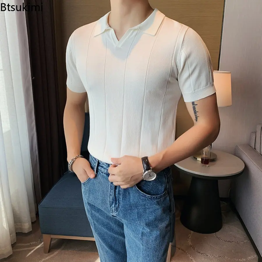 New Men's British Style Knitted Lapel T-shirt Fashion Solid High Quality Business Casual Versatile Tops Men Handsome Polo Shirts