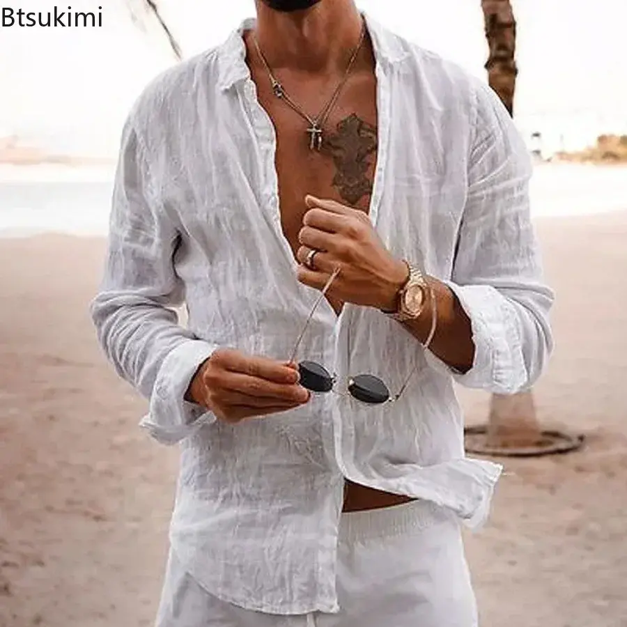 2025 Men's Beach Holiday Style Long Sleeve Casual Shirt Fashion Solid Loose Cotton Linen Breathable Lapel Tops Man Daily Blouses