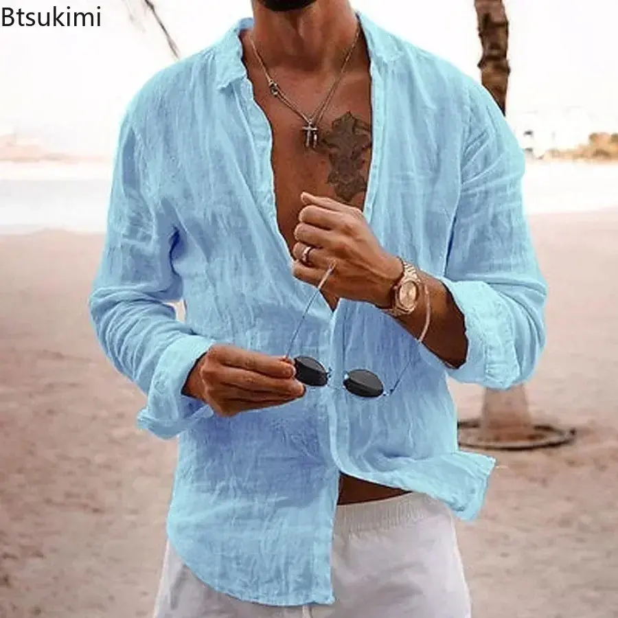 2025 Men's Beach Holiday Style Long Sleeve Casual Shirt Fashion Solid Loose Cotton Linen Breathable Lapel Tops Man Daily Blouses