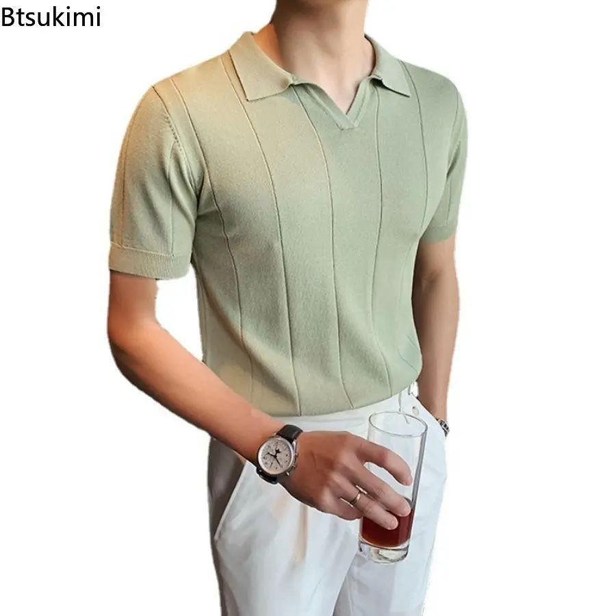 New Men's British Style Knitted Lapel T-shirt Fashion Solid High Quality Business Casual Versatile Tops Men Handsome Polo Shirts