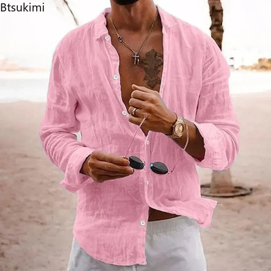 2025 Men's Beach Holiday Style Long Sleeve Casual Shirt Fashion Solid Loose Cotton Linen Breathable Lapel Tops Man Daily Blouses