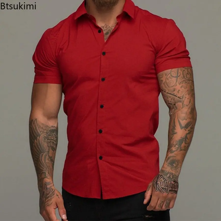 Fashion New Men's Solid Short-sleeved Casual Shirts Comfort Non-ironing Business Shirts Simple Cardigan Gym Fitness Blouse Male