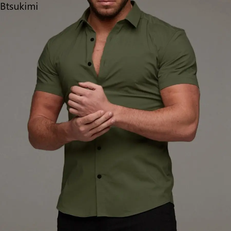 Fashion New Men's Solid Short-sleeved Casual Shirts Comfort Non-ironing Business Shirts Simple Cardigan Gym Fitness Blouse Male