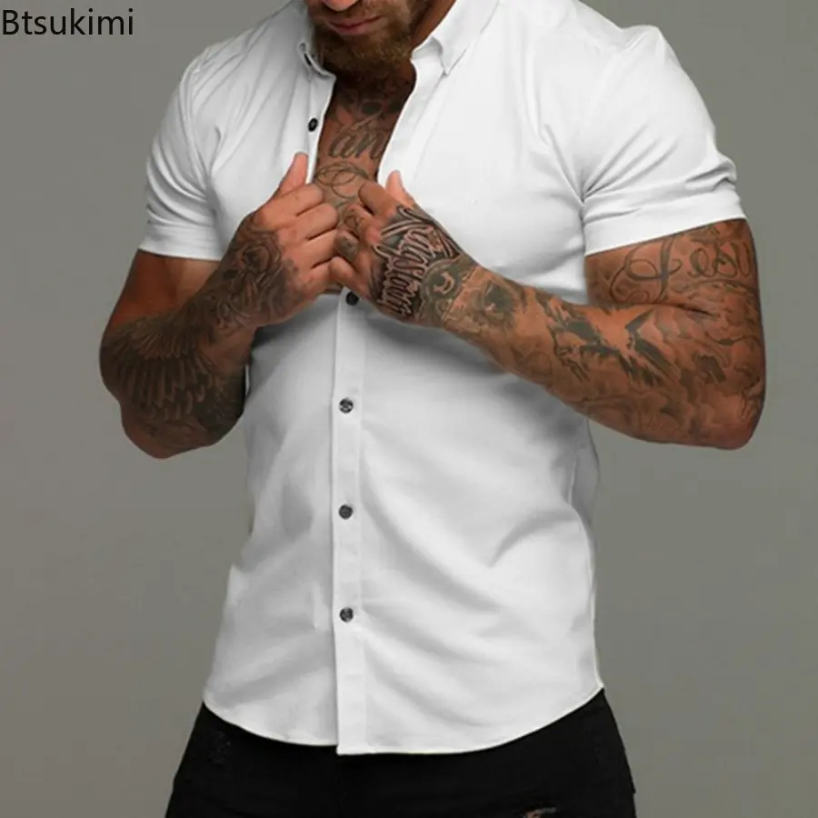 Fashion New Men's Solid Short-sleeved Casual Shirts Comfort Non-ironing Business Shirts Simple Cardigan Gym Fitness Blouse Male