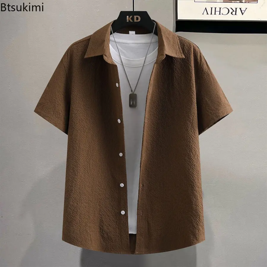 Men's Summer Casual Short-sleeved Shirts Casual Street Wear Ice Silk Collar Single Buckle Down Solid Color Vintage Shirts Male