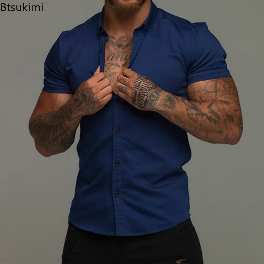 Fashion New Men's Solid Short-sleeved Casual Shirts Comfort Non-ironing Business Shirts Simple Cardigan Gym Fitness Blouse Male