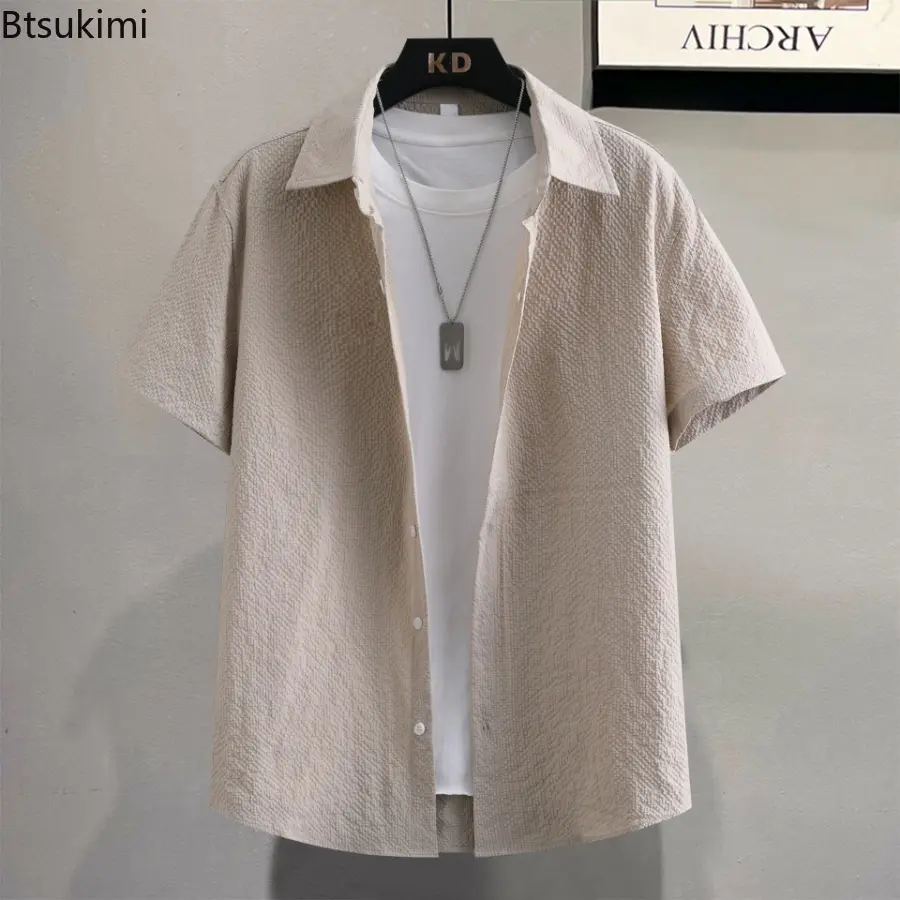 Men's Summer Casual Short-sleeved Shirts Casual Street Wear Ice Silk Collar Single Buckle Down Solid Color Vintage Shirts Male