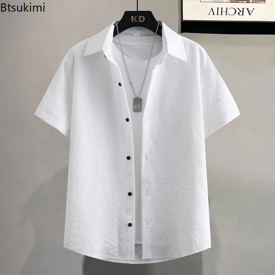 Men's Summer Casual Short-sleeved Shirts Casual Street Wear Ice Silk Collar Single Buckle Down Solid Color Vintage Shirts Male