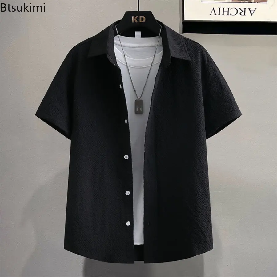 Men's Summer Casual Short-sleeved Shirts Casual Street Wear Ice Silk Collar Single Buckle Down Solid Color Vintage Shirts Male