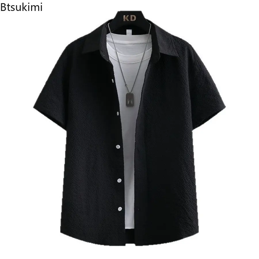 Men's Summer Casual Short-sleeved Shirts Casual Street Wear Ice Silk Collar Single Buckle Down Solid Color Vintage Shirts Male