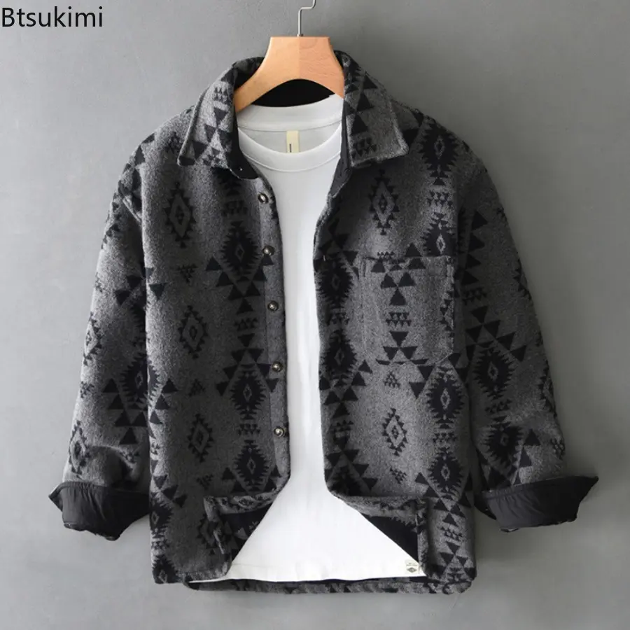 2025 Autumn and Winter Men's Streetwear Loose Tops Ethnic Style Vintage Jacquard Woolen Shirt Casual Thicken Long Sleeve Shirts