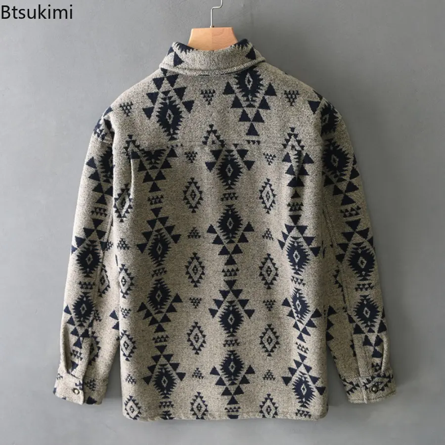 2025 Autumn and Winter Men's Streetwear Loose Tops Ethnic Style Vintage Jacquard Woolen Shirt Casual Thicken Long Sleeve Shirts
