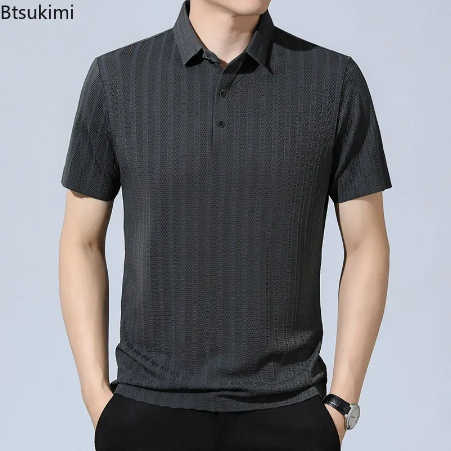 2025 Summer New Men's Hollow Out Ice Silk Short-sleeved Polo Shirt Fashion Business Casual Mesh Breathable Quick Drying T-shirts