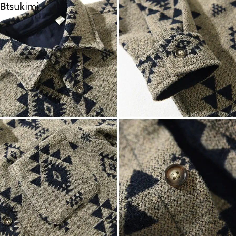 2025 Autumn and Winter Men's Streetwear Loose Tops Ethnic Style Vintage Jacquard Woolen Shirt Casual Thicken Long Sleeve Shirts