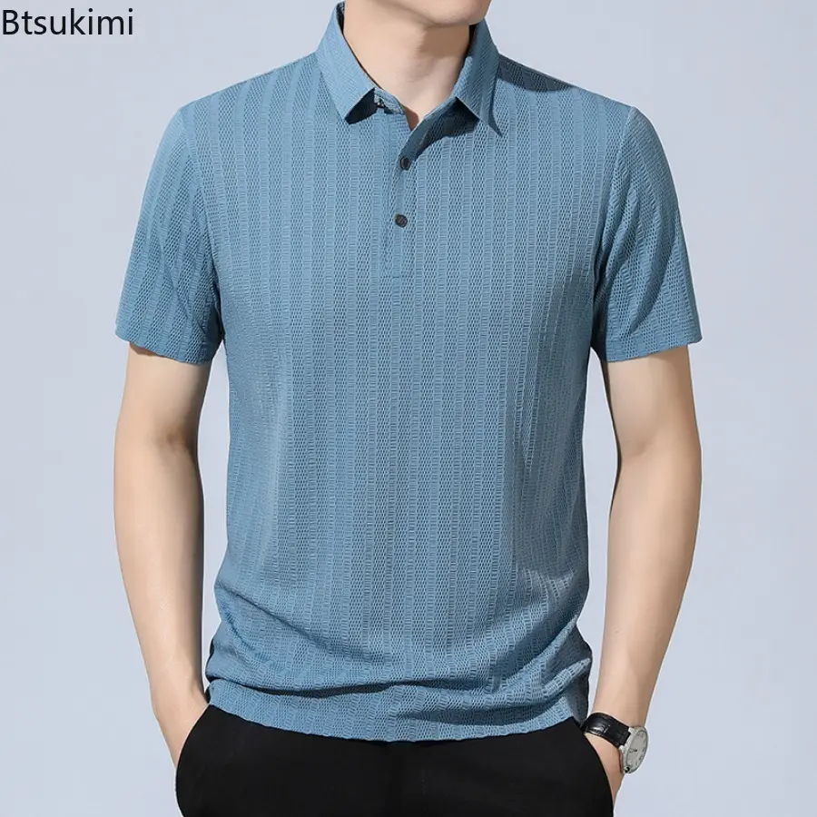 2025 Summer New Men's Hollow Out Ice Silk Short-sleeved Polo Shirt Fashion Business Casual Mesh Breathable Quick Drying T-shirts