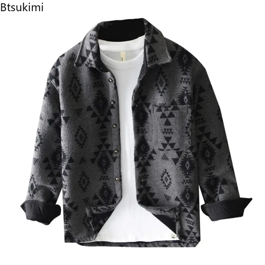 2025 Autumn and Winter Men's Streetwear Loose Tops Ethnic Style Vintage Jacquard Woolen Shirt Casual Thicken Long Sleeve Shirts