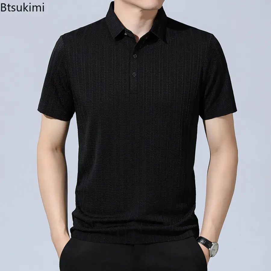 2025 Summer New Men's Hollow Out Ice Silk Short-sleeved Polo Shirt Fashion Business Casual Mesh Breathable Quick Drying T-shirts
