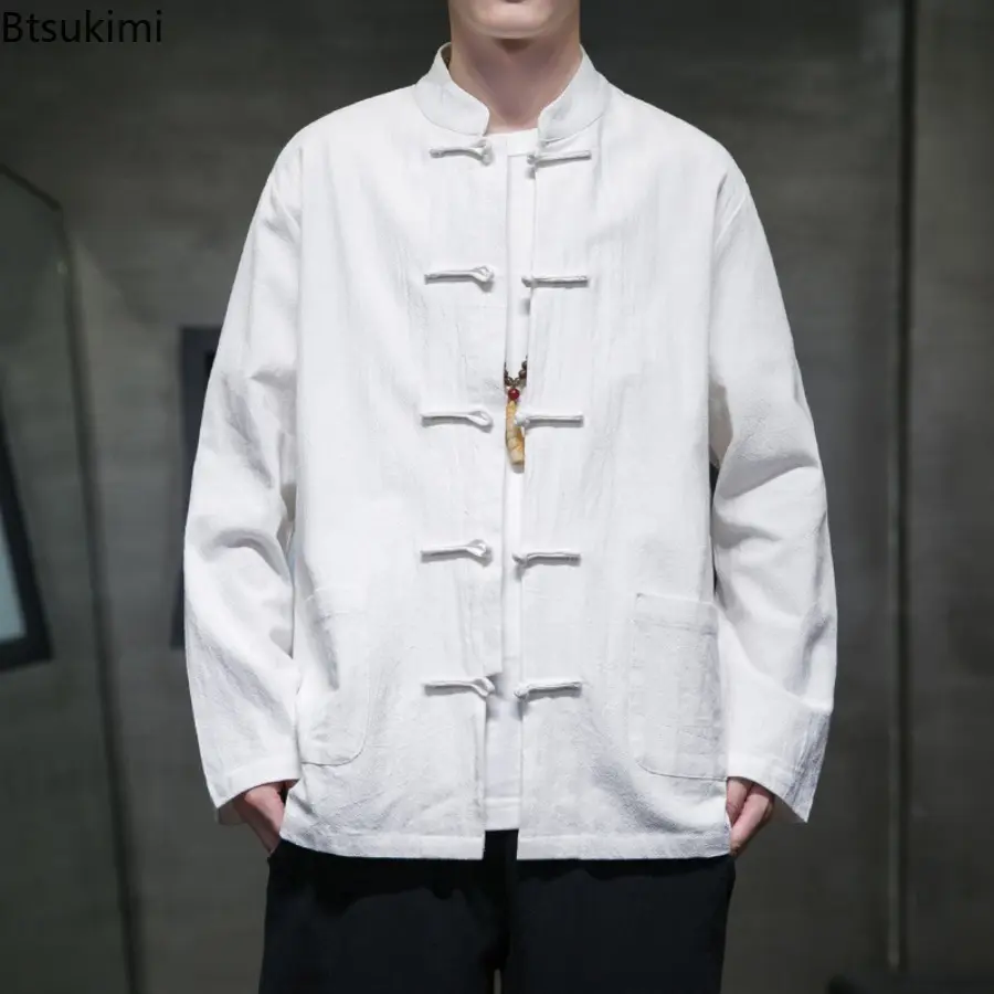 New 2025 Spring Autumn Vintage Loose-fit Solid Color Long Sleeve Shirts Casual Men's Top Traditional Chinese Style Retro Jacket