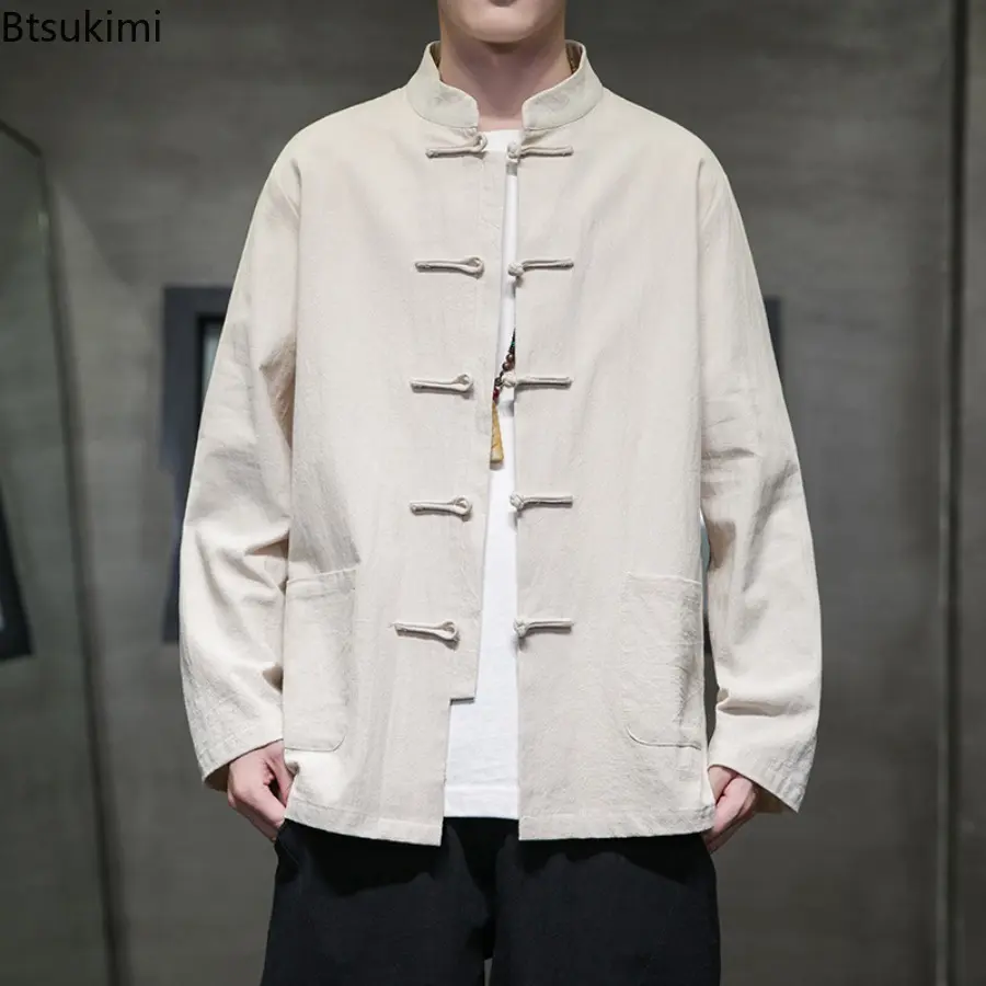 New 2025 Spring Autumn Vintage Loose-fit Solid Color Long Sleeve Shirts Casual Men's Top Traditional Chinese Style Retro Jacket