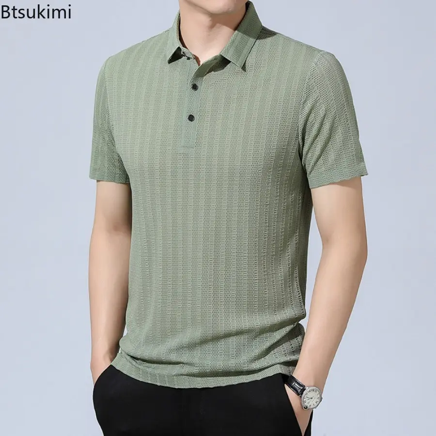 2025 Summer New Men's Hollow Out Ice Silk Short-sleeved Polo Shirt Fashion Business Casual Mesh Breathable Quick Drying T-shirts