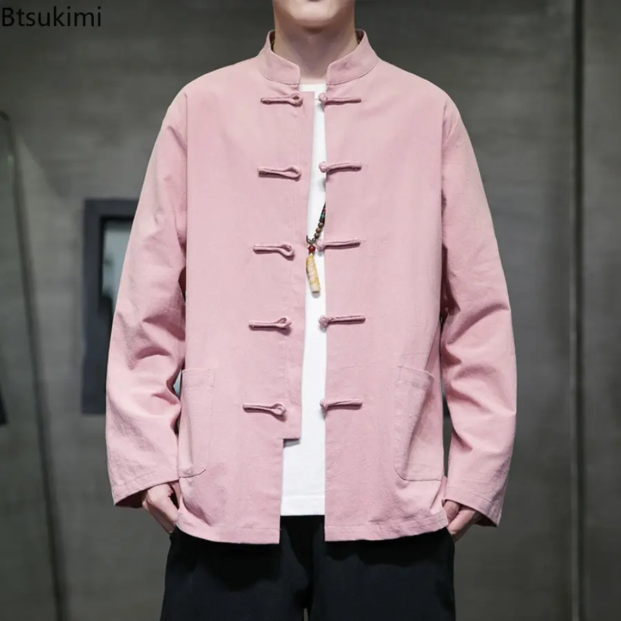 New 2025 Spring Autumn Vintage Loose-fit Solid Color Long Sleeve Shirts Casual Men's Top Traditional Chinese Style Retro Jacket