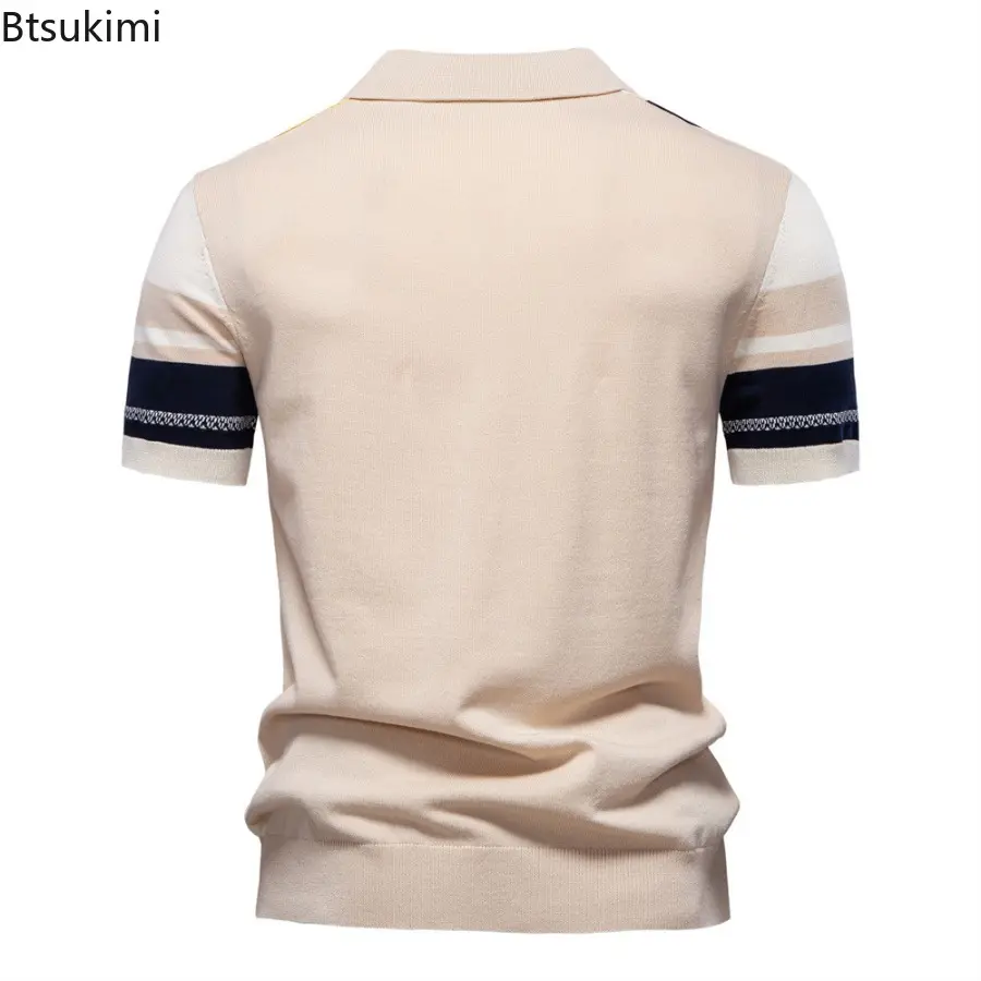 New 2025 Men's Knitted Polo Shirt Summer Short Sleeve Stripe Lapel T-shirt Fashion Casual Stripe Jacquard Knitted Top Pullover