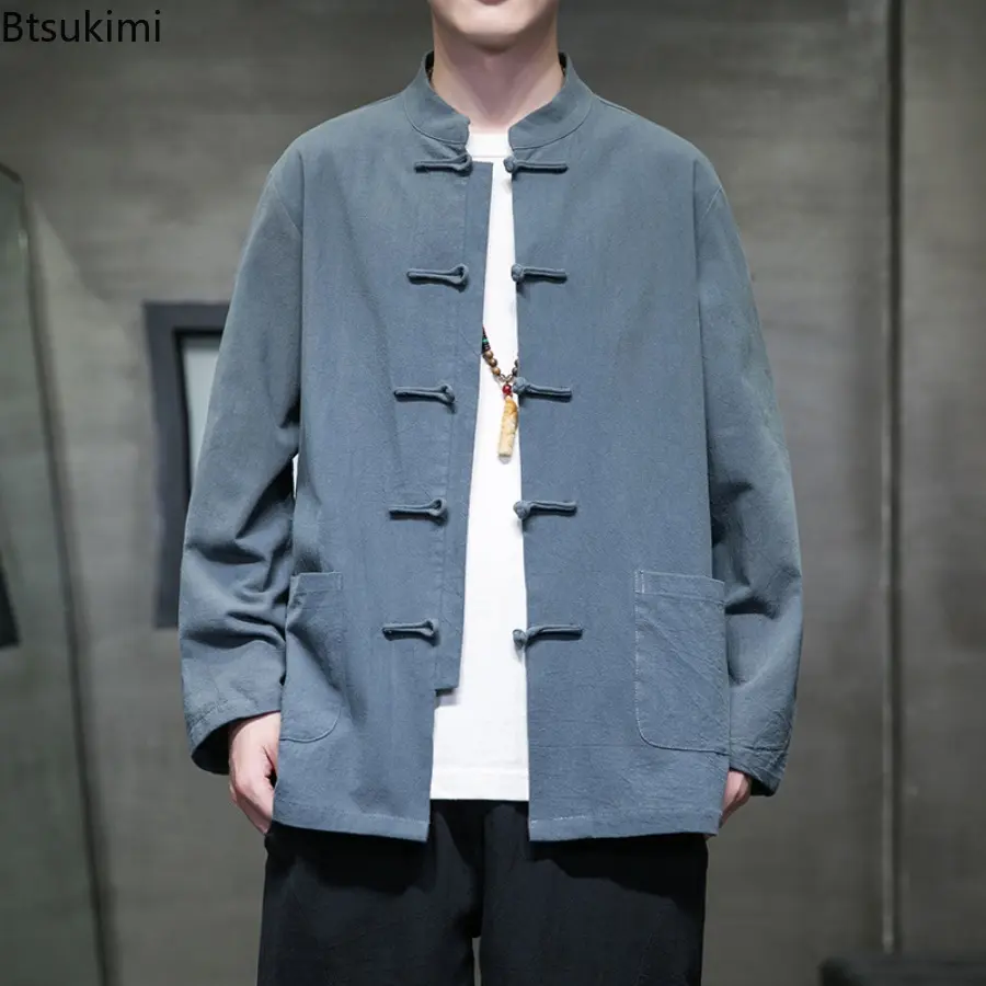 New 2025 Spring Autumn Vintage Loose-fit Solid Color Long Sleeve Shirts Casual Men's Top Traditional Chinese Style Retro Jacket