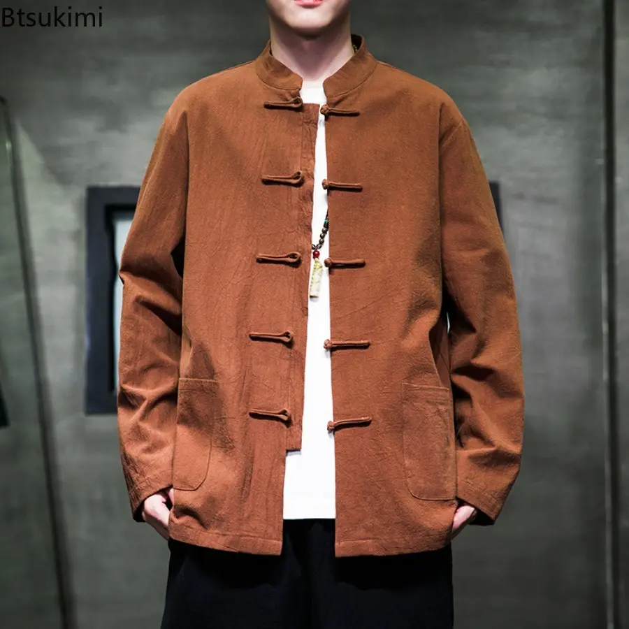 New 2025 Spring Autumn Vintage Loose-fit Solid Color Long Sleeve Shirts Casual Men's Top Traditional Chinese Style Retro Jacket