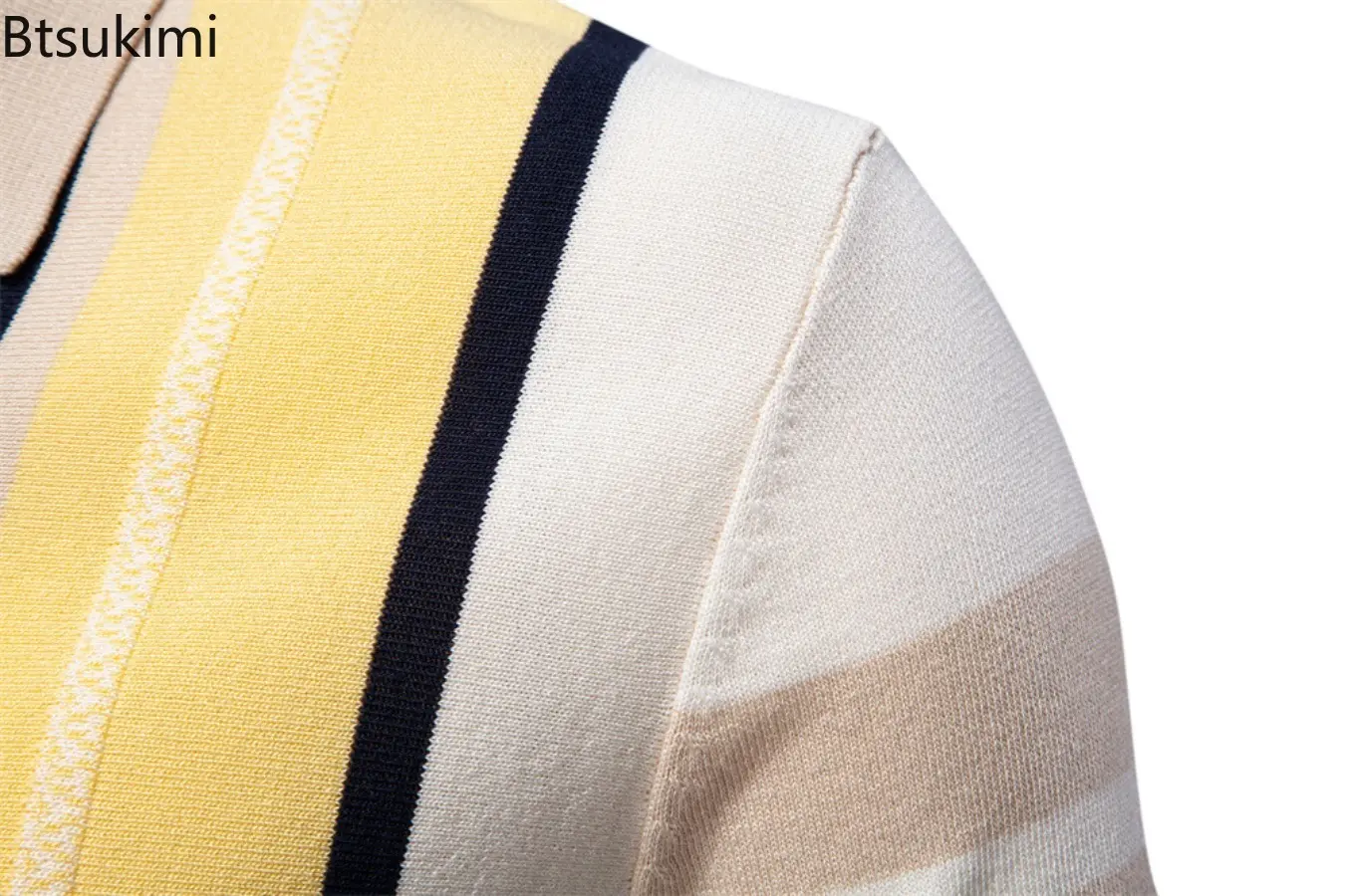 New 2025 Men's Knitted Polo Shirt Summer Short Sleeve Stripe Lapel T-shirt Fashion Casual Stripe Jacquard Knitted Top Pullover