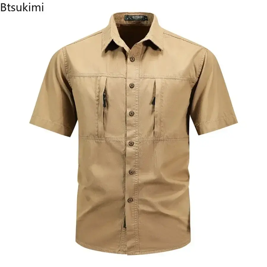 New Men's Tactical Short-sleeved 100% Cotton Shirts Summer Outdoor Multi-pocket Cargo Shirt Men Hiking Fishing Work T-shirt Tops