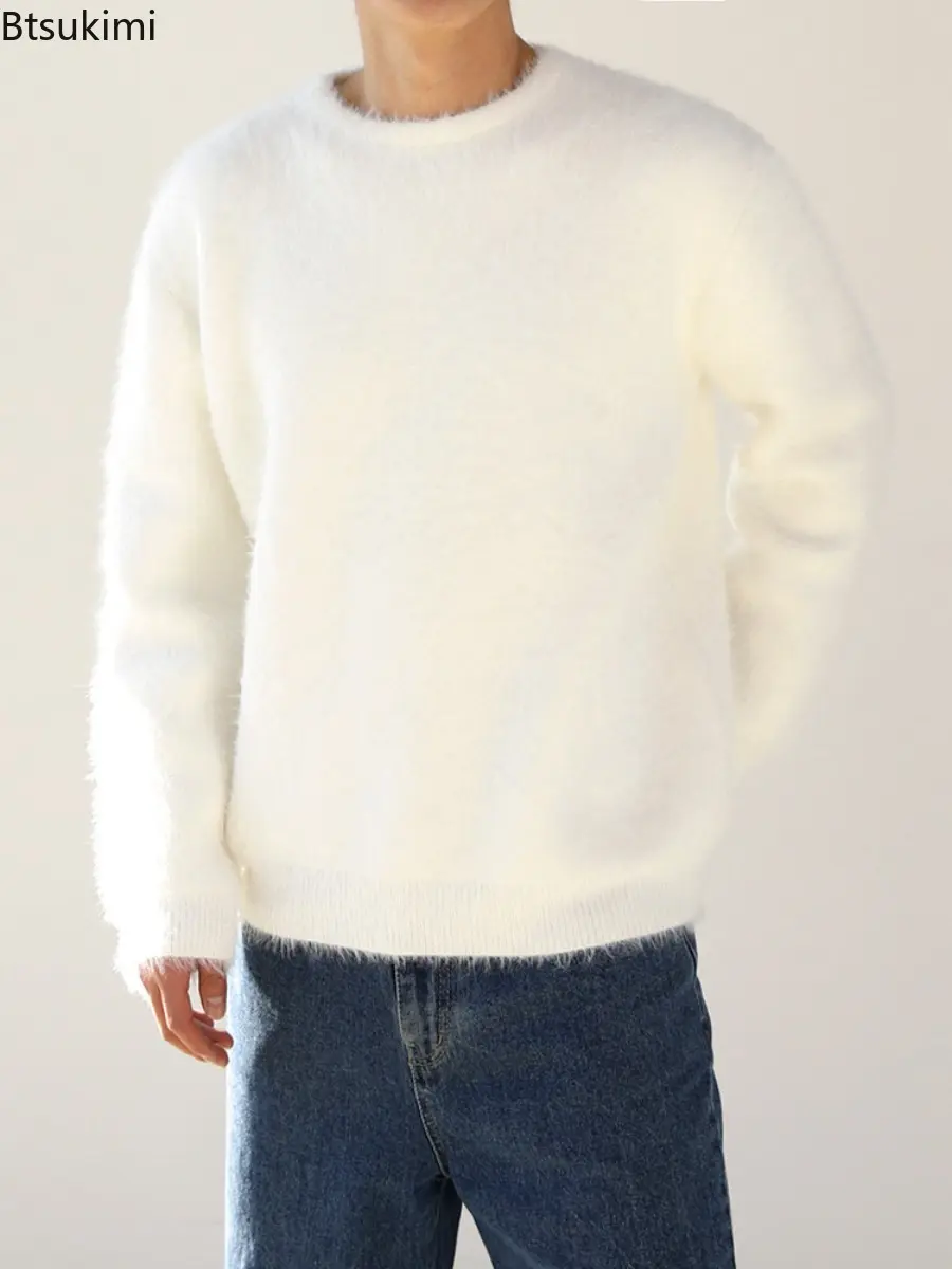 2025 Autumn Winter Men's Mohair Solid Color Sweater Thick Round Neck Pullover Sweater Fashion Loose Soft and Sticky Knit Sweater