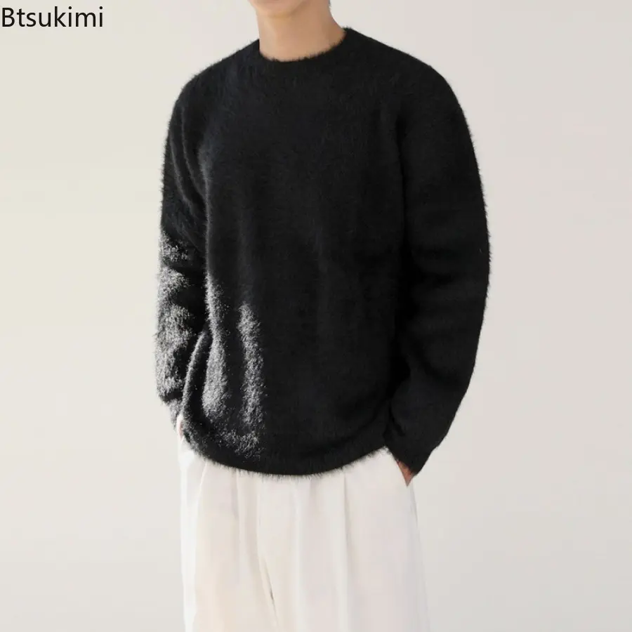 2025 Autumn Winter Men's Mohair Solid Color Sweater Thick Round Neck Pullover Sweater Fashion Loose Soft and Sticky Knit Sweater