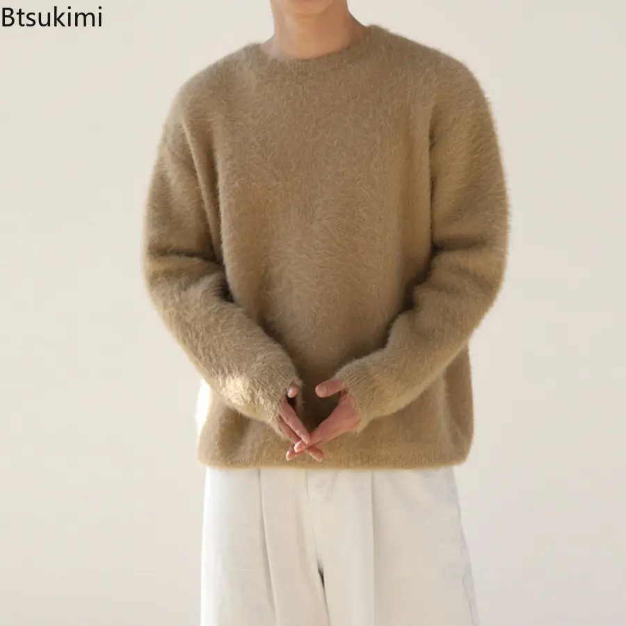 2025 Autumn Winter Men's Mohair Solid Color Sweater Thick Round Neck Pullover Sweater Fashion Loose Soft and Sticky Knit Sweater