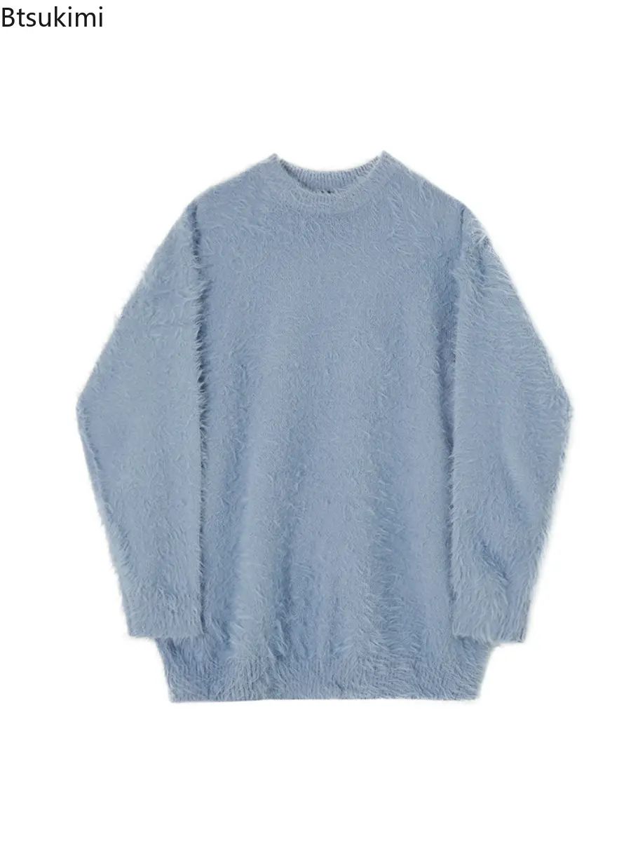 2025 Autumn Winter Men's Mohair Solid Color Sweater Thick Round Neck Pullover Sweater Fashion Loose Soft and Sticky Knit Sweater