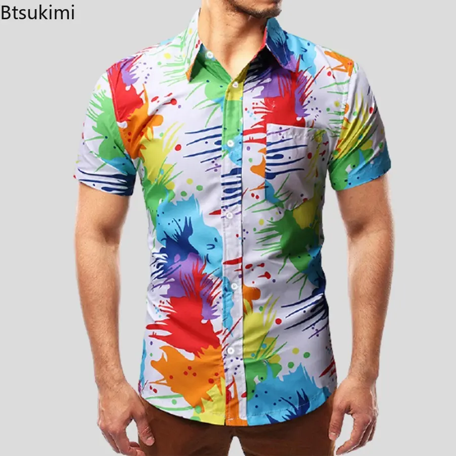 Summer Hawaiian Shirt 2025 New Men's Fashion Casual Slim Short-sleeved Splash Ink Print Shirt Men Trend Streetwear Beach Blouse