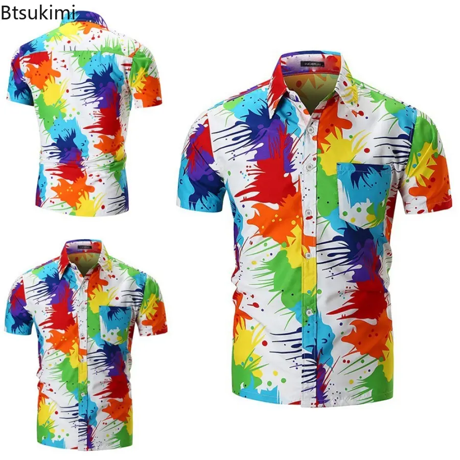 Summer Hawaiian Shirt 2025 New Men's Fashion Casual Slim Short-sleeved Splash Ink Print Shirt Men Trend Streetwear Beach Blouse
