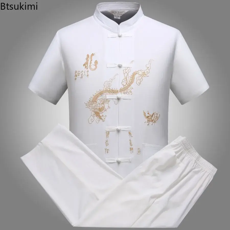 Chinese Style Men's Embroidery Shirt Two Piece Set Traditional Tai Chi Kung Fu Costume Sets Vintage Mid Old Age Tang Suit Dragon