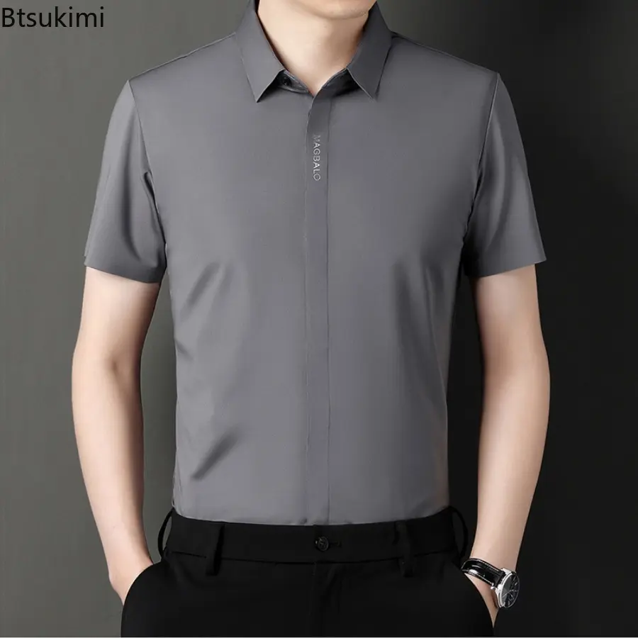 2025 Men's Summer Ice Silk Short Sleeve Shirts Solid Slim Business Casual Shirts Men Comfy Elastic Cardigan Social Blouse Tops