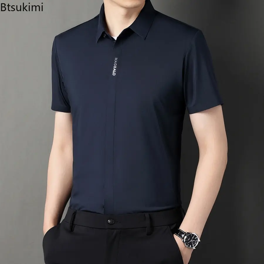 2025 Men's Summer Ice Silk Short Sleeve Shirts Solid Slim Business Casual Shirts Men Comfy Elastic Cardigan Social Blouse Tops