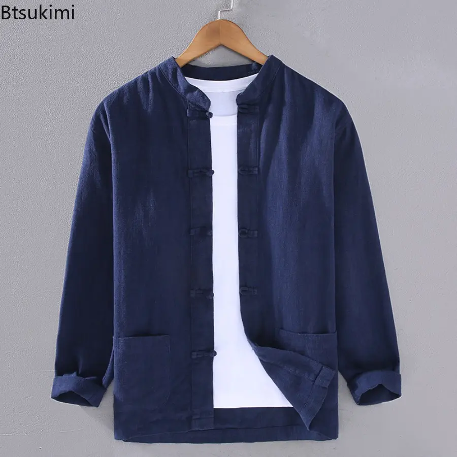 Chinese Style Men's Cotton Linen Shirt Solid Chinese Frog Long Sleeve Jacket Coats Stand Collar Casual Loose Male Tai Chi Hanfu